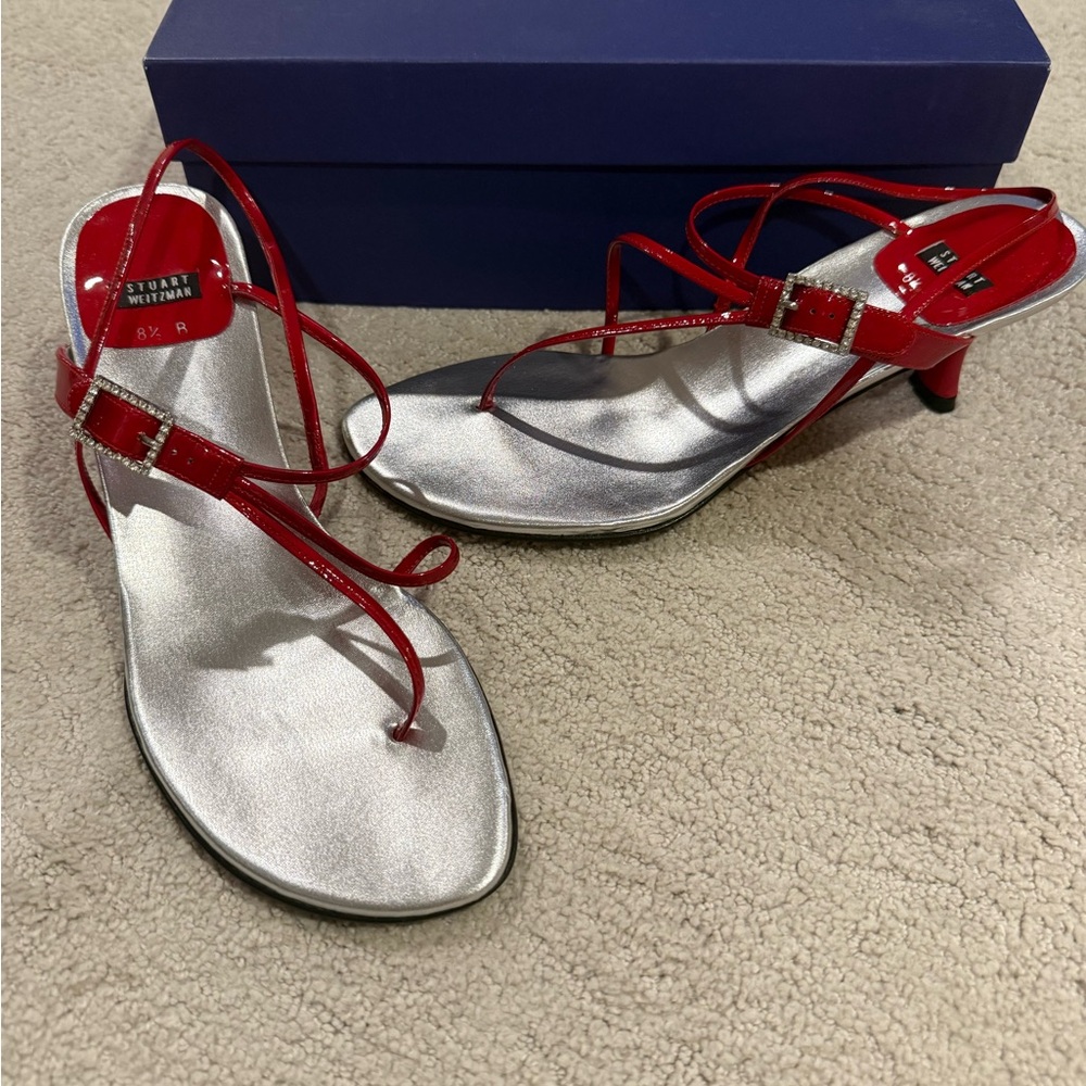 Stuart Weitzman Red and Silver Heels with Elegant Straps